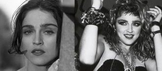 Мадонна актриса с густыми сросшимися лохматыми черными прямыми бровями